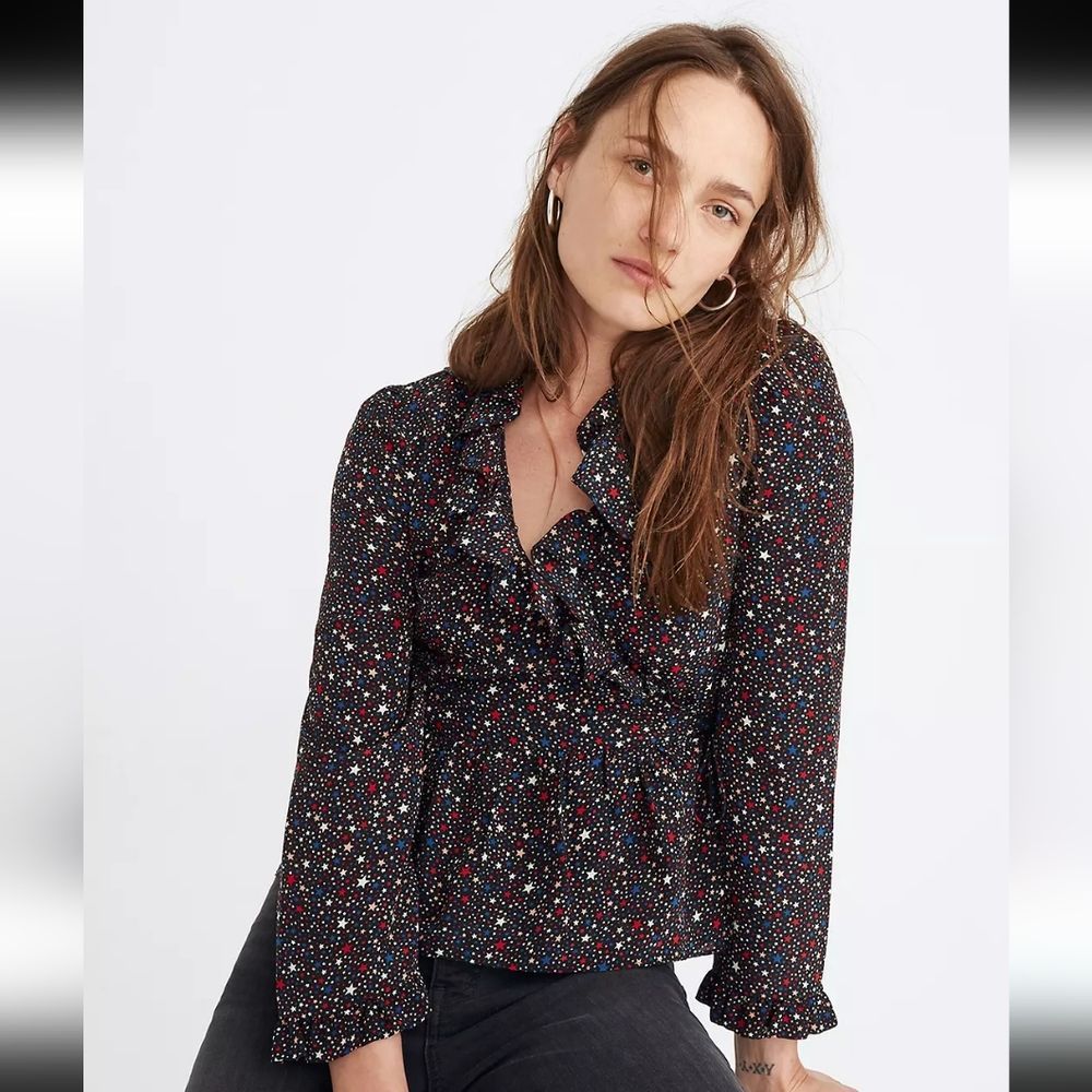 Madewell Silk Ruffle Hem Wrap Top in Starry Night